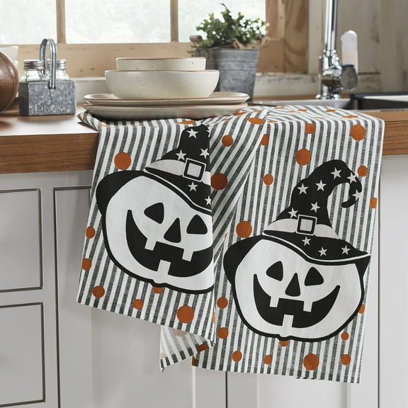 VHC Brands Witchy Pumpkins Striped Tea Towel Set of 2, Fall and Halloween Dish Towels, Primitive Kitchen Decor Country Black, White, Pumpkin Orange, 19x28