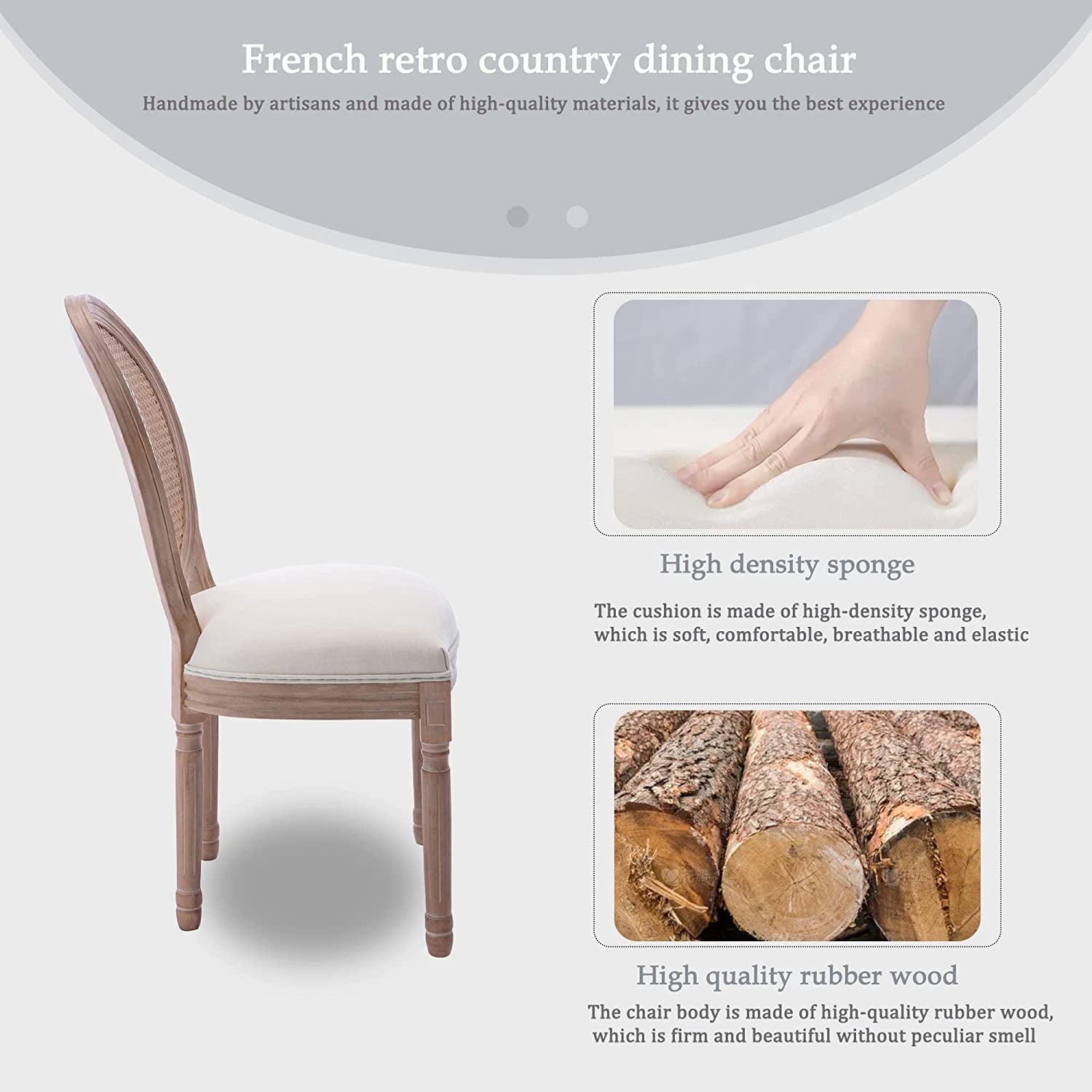 Sumdeal French Dining Chairs Set, Upholstered Vintage Farmhouse Chair,Mid Century Fabric Chair with Solid rubberwood Leg for Dining Room Bedroom Kitchen Restaurant