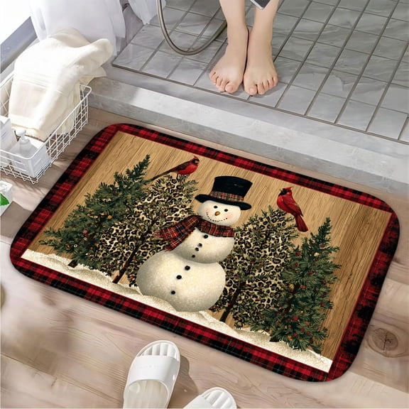 1pc Snowman with Cardinals Absorbent Non-Slip Bathroom Thickened Flannel Rug Decor,Soft,Quick Drying,Suitable For Indoor/outdoor Use,Bathrooms,Bedrooms,Kitchens,Terrace,Laundry Rooms,16"x24"