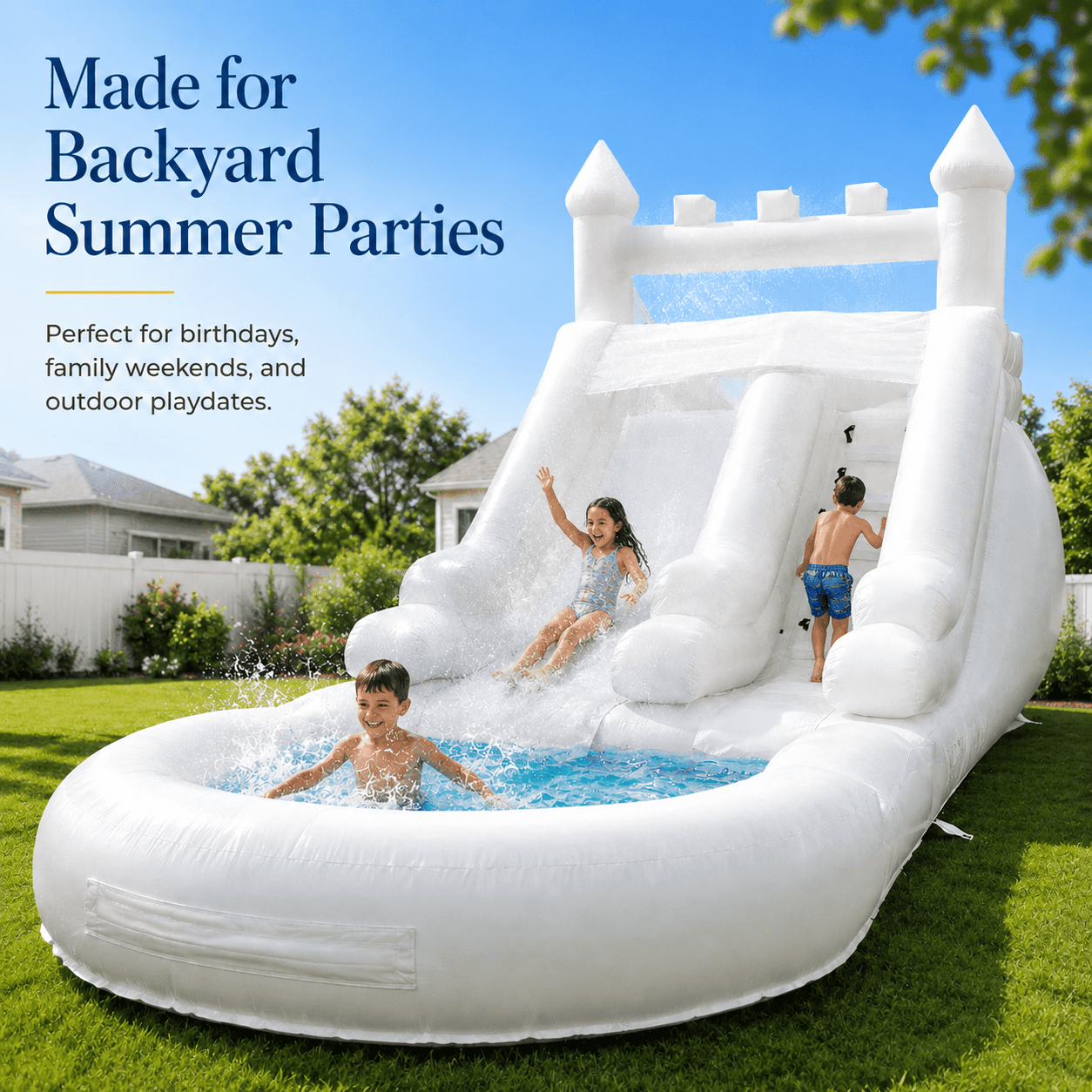 Connsann 13' x 21' Commercial-Grade White PVC Inflatable Water Slide with Splash Pool & 750W Air Blower for Backyard Parties/Rental