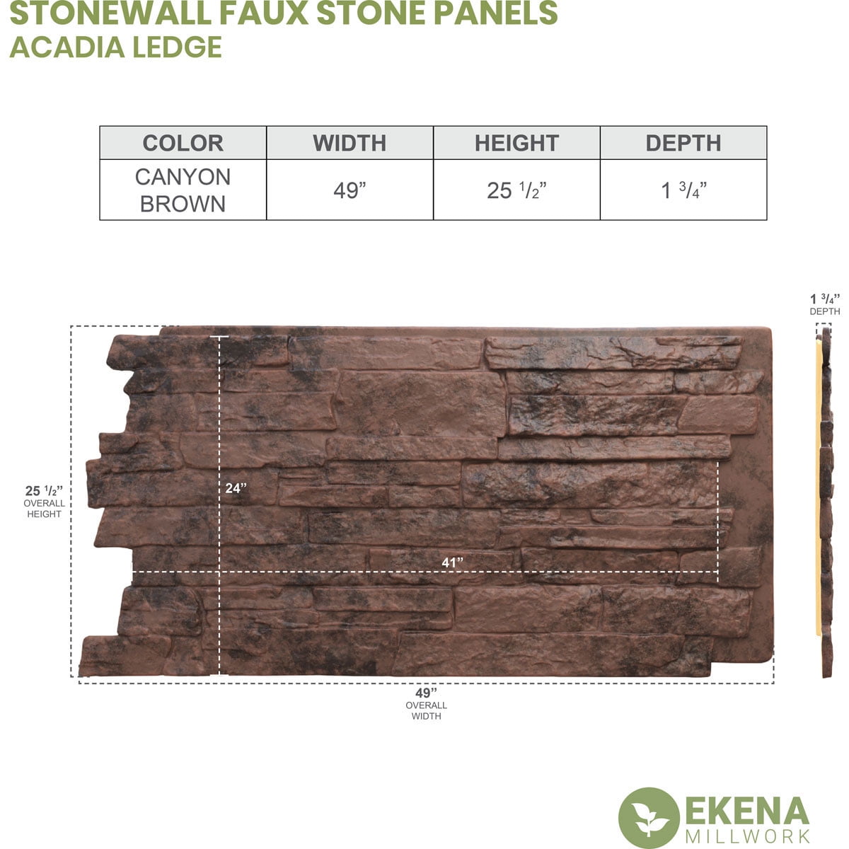 Ekena Millwork 49"W x 25.50"H x 1.25"D Acadia Ledge Stacked Stone, StoneWall Faux Stone Siding Panel, Canyon Brown