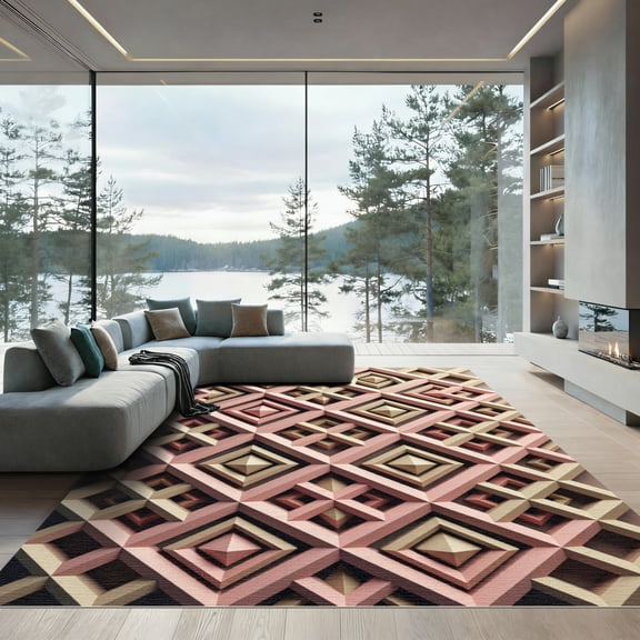 ODIKA 4'x6' Machine Washable Non-Slip Area Rug, Geometric Blush Pink High Traffic Rug, Pink, 970014