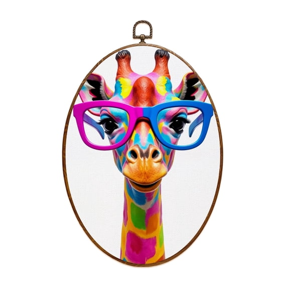 Oval Framed Wall Art Colorful Giraffe Oversized Glasses Patterns Animal Portrait Humorous Canvas Wall Art Oval Vintage Wall Decor Prints Hanging Decor for Home Bedroom Living Room Office 8"x11.4"