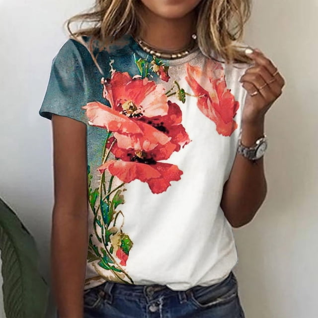 Hauts d'Été Grande Taille pour Femmes, T-Shirt Décontracté Ample à Imprimé Floral, Col Rond, Manches Courtes, Col en V, en Liquidation