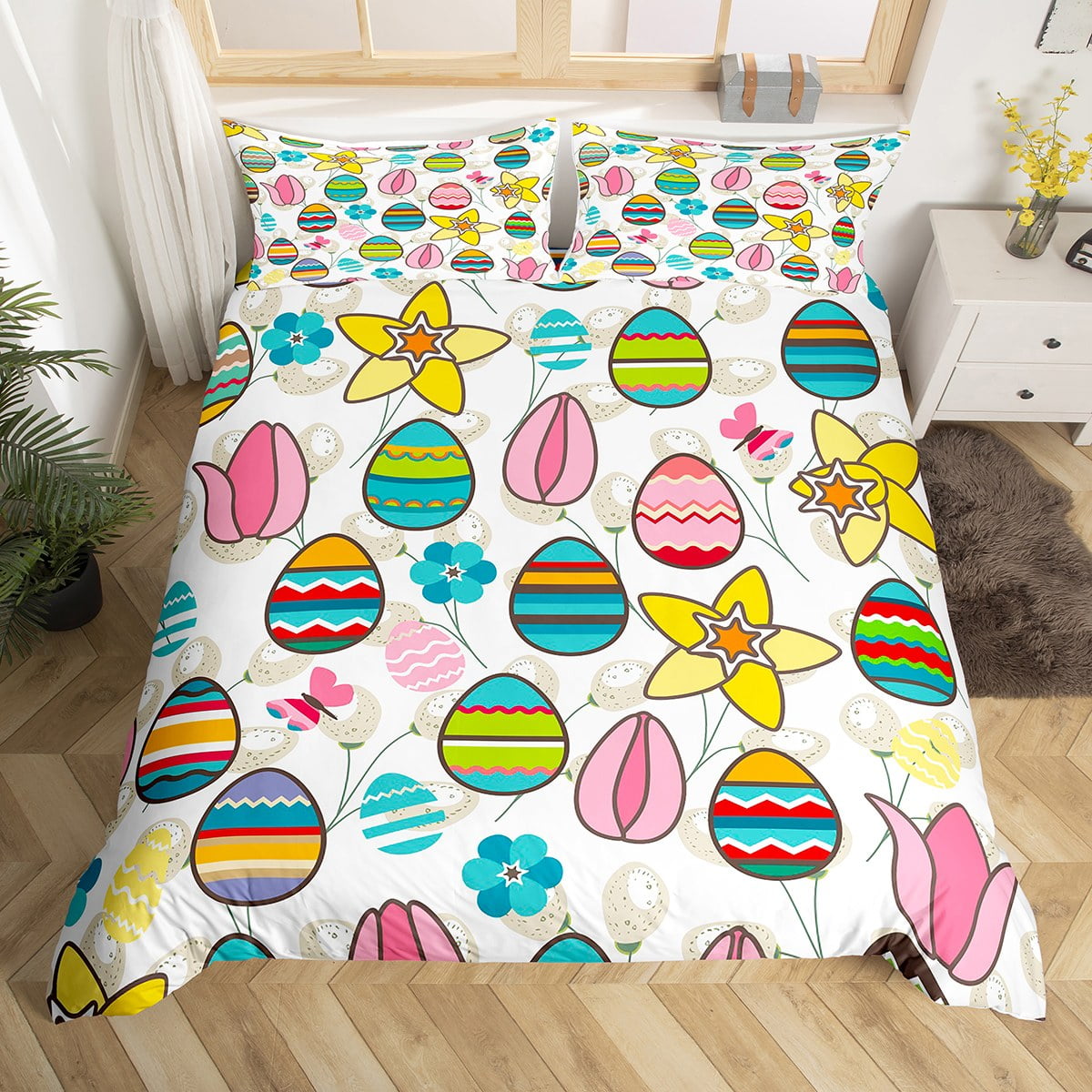 Easter Eggs Decor Kawaii Bedding Set Full,Rainbow Easter Egg Comforter ...