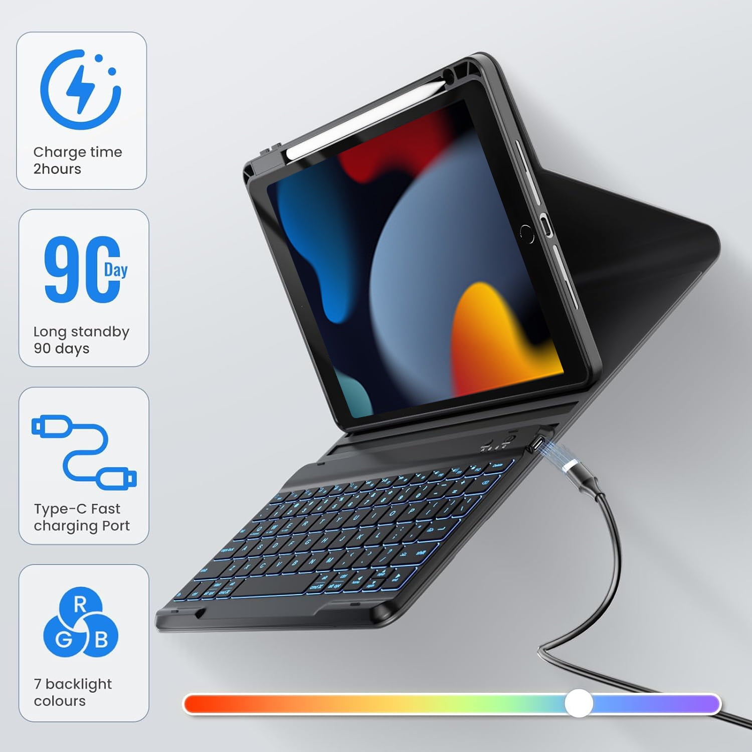 Vinci iPad 9th/8th/7th Generation Keyboard Case 10.2 inch 2021/2020/2019, iPad Pro 10.5-inch Case with Keyboard,iPad Air 3 2019, 7 Color Backlit Removable Wireless Folio Keyboard Tablet Cover(Black)