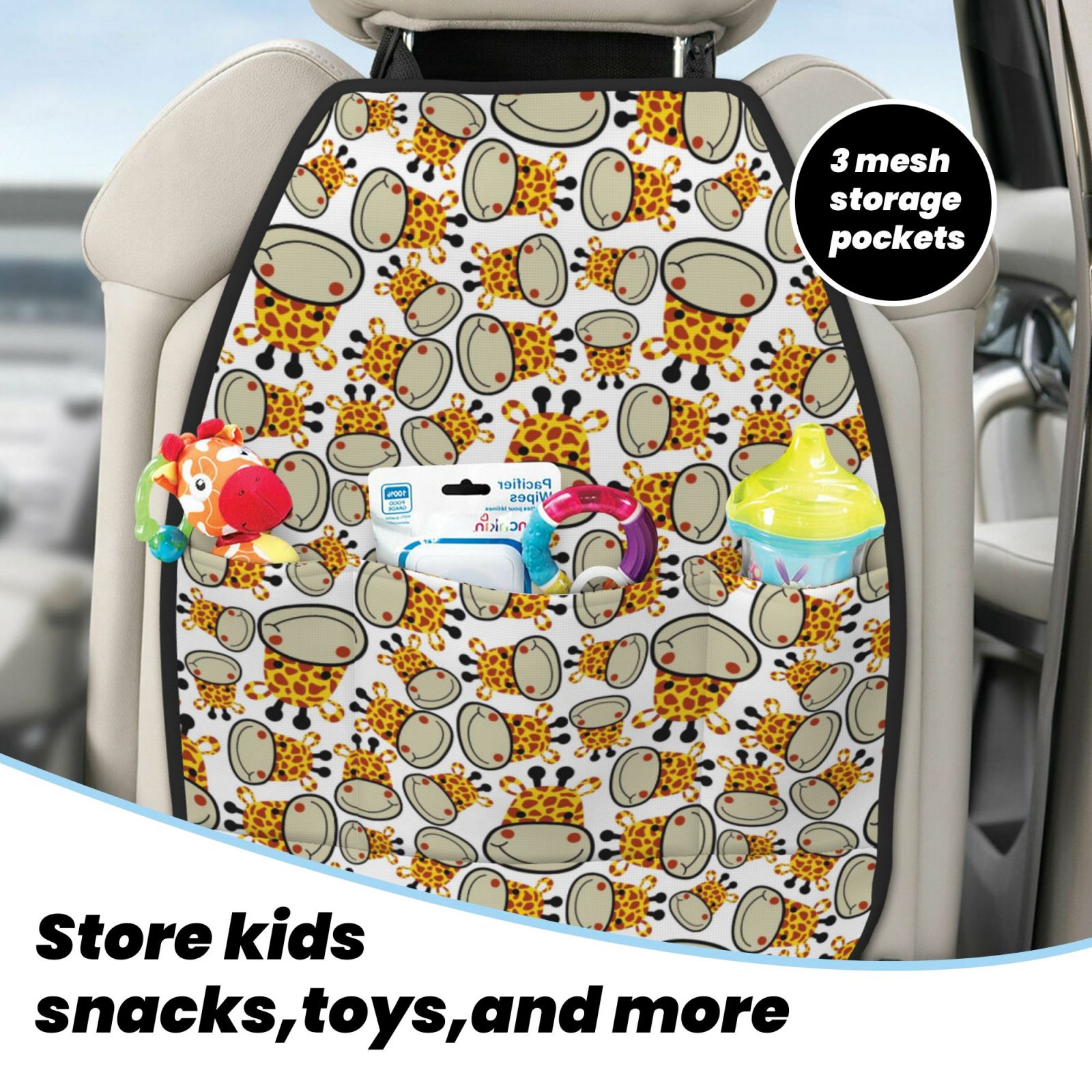 Xecao Giraffes Head Pattern Car Seat Back Protector 2 Pack Large Capacity Pocket, Kick Mats Back Seat Protector