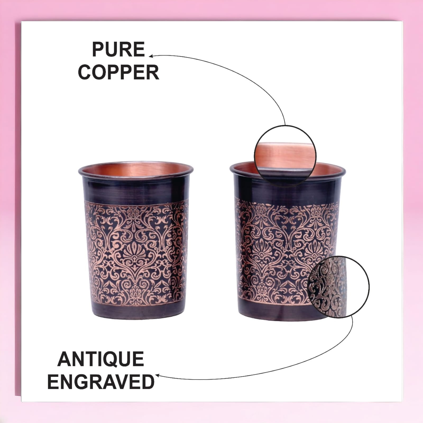 Pure Copper Water Bottle With Antique Floral Finish With 2 Tumbler Glass Set Ayurveda Health Benefits (950 ml, 300 ml)