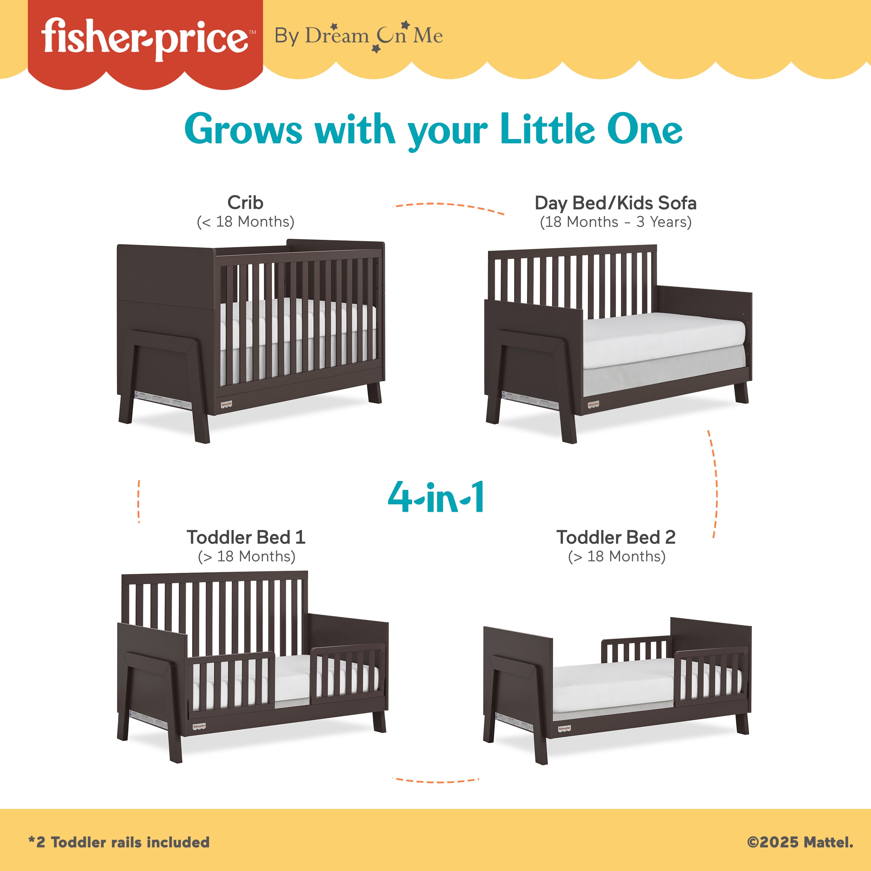 Fisher Price Iris 4  in 1 Convertible Crib by Dream On Me, Chocolate Chip
