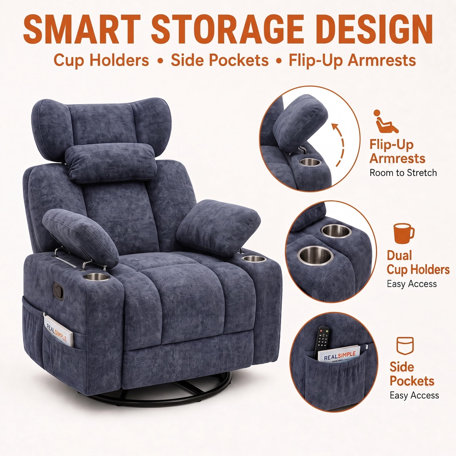 Leumius 360° Swivel Recliner Chair, Single Recliner with Adjustable Detachable Neck Pillow Ergonomic and Cup Holders, 300lbs Capacity Versatile Lounge Chair for Living Room Bedroom Home Theater