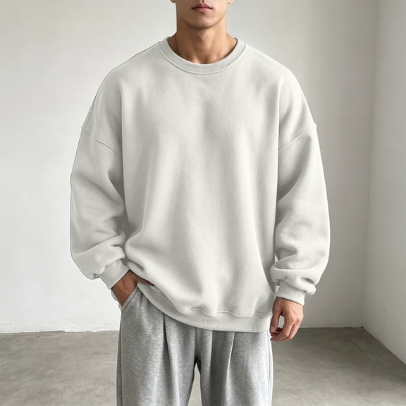RKSTN Crew Neck Sweatshirts for Men Long Sleeve Fleece Casual Comfy Warm Pullover Base Layer for Fall Winter (White ,XL)