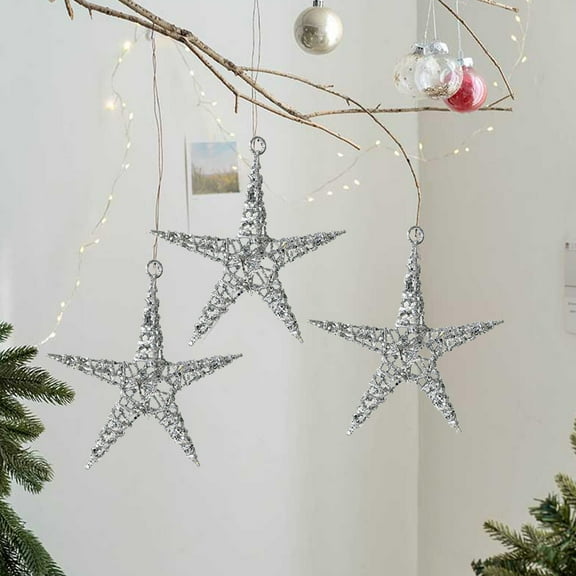 YOHAVEN Christmas Tree Topper Star, White Silver Iron Starfish Five Pointed Star Glitter Ornament, Xmas Window Pendant Holiday Party Decorations for Tree Home