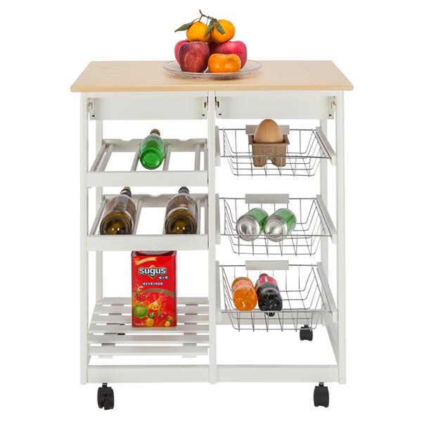 White MINGWANG Moveable Kitchen Cart with Two Drawers /& Two Wine Racks /& Three Baskets Bar Serving Carts 26.38 x 14.77 x 29.92
