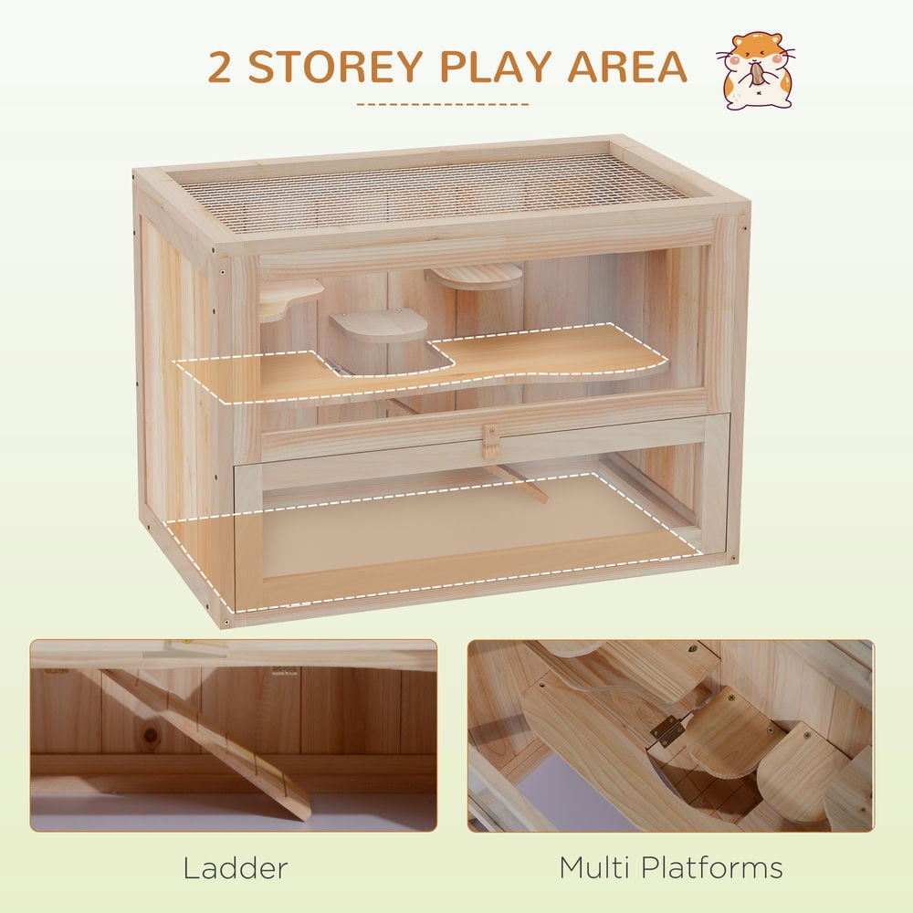 Barara King 2-Level Hamster Cage Mice and Rat House, Small Animal Habitat for Guinea Pigs, Chinchillas with Openable Top, Front Door, Shelf and Ladder, Natural