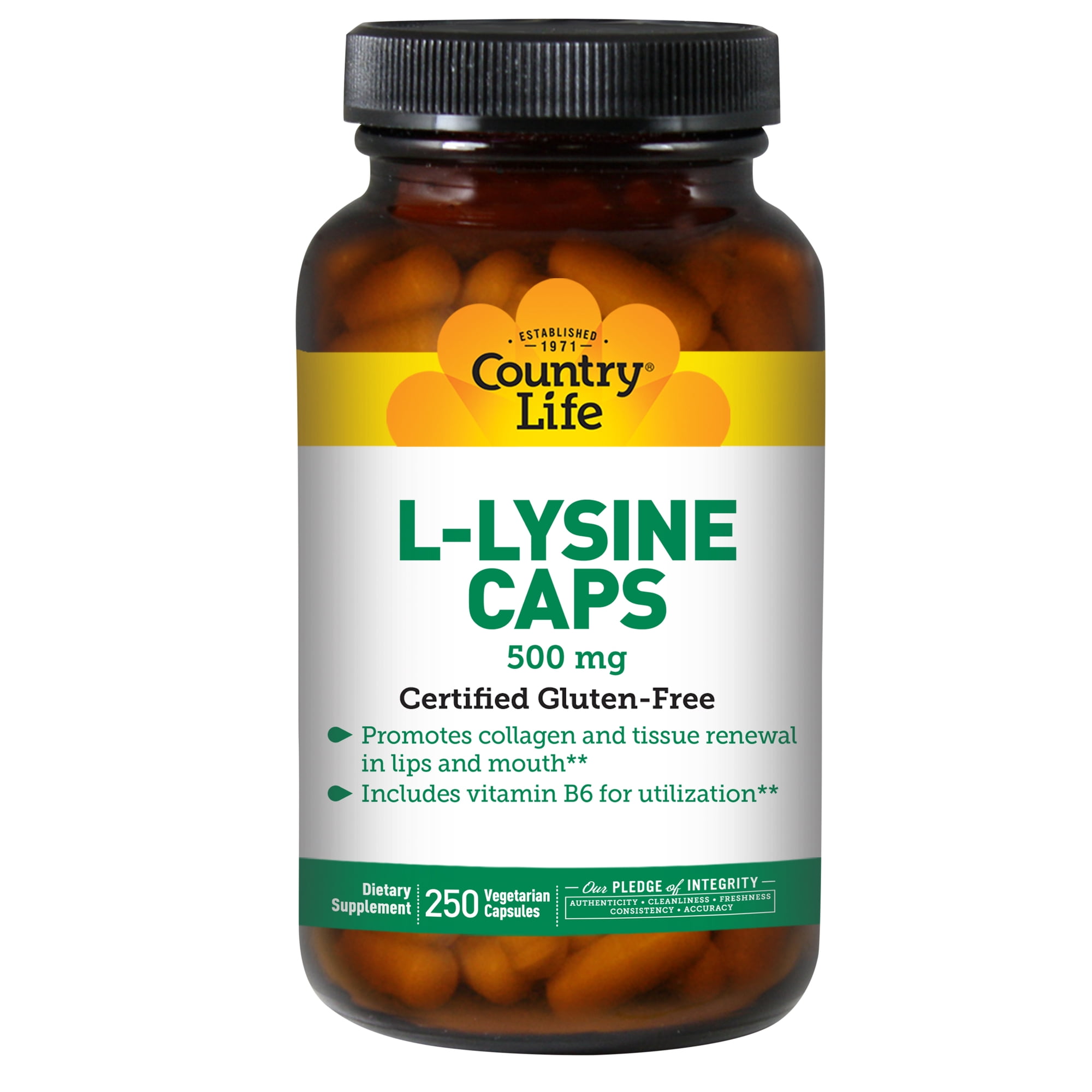 Country Life L-Lysine 500mg with B-6, 250 Vegan Capsules, Supports collagen and tissue renewal in lips and mouth, includes vitamin B6 for utilization