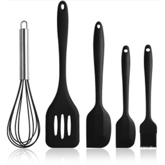 Juego de utensilios de cocina de silicona, utensilios de cocina, 5 piezas, juego de utensilios de cocina de silicona, espátulas, cepillo, herramientas de cocina, fáciles de usar y limpiar (negro) ER
