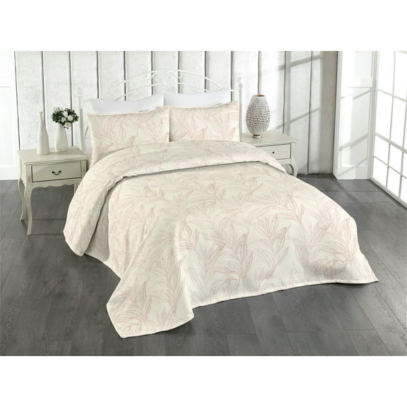 Ambesonne Leafy Pattern Quilted Bedspread Set 3 Pcs, Botany Sketch Leaves, King, Champagne Dried Rose
