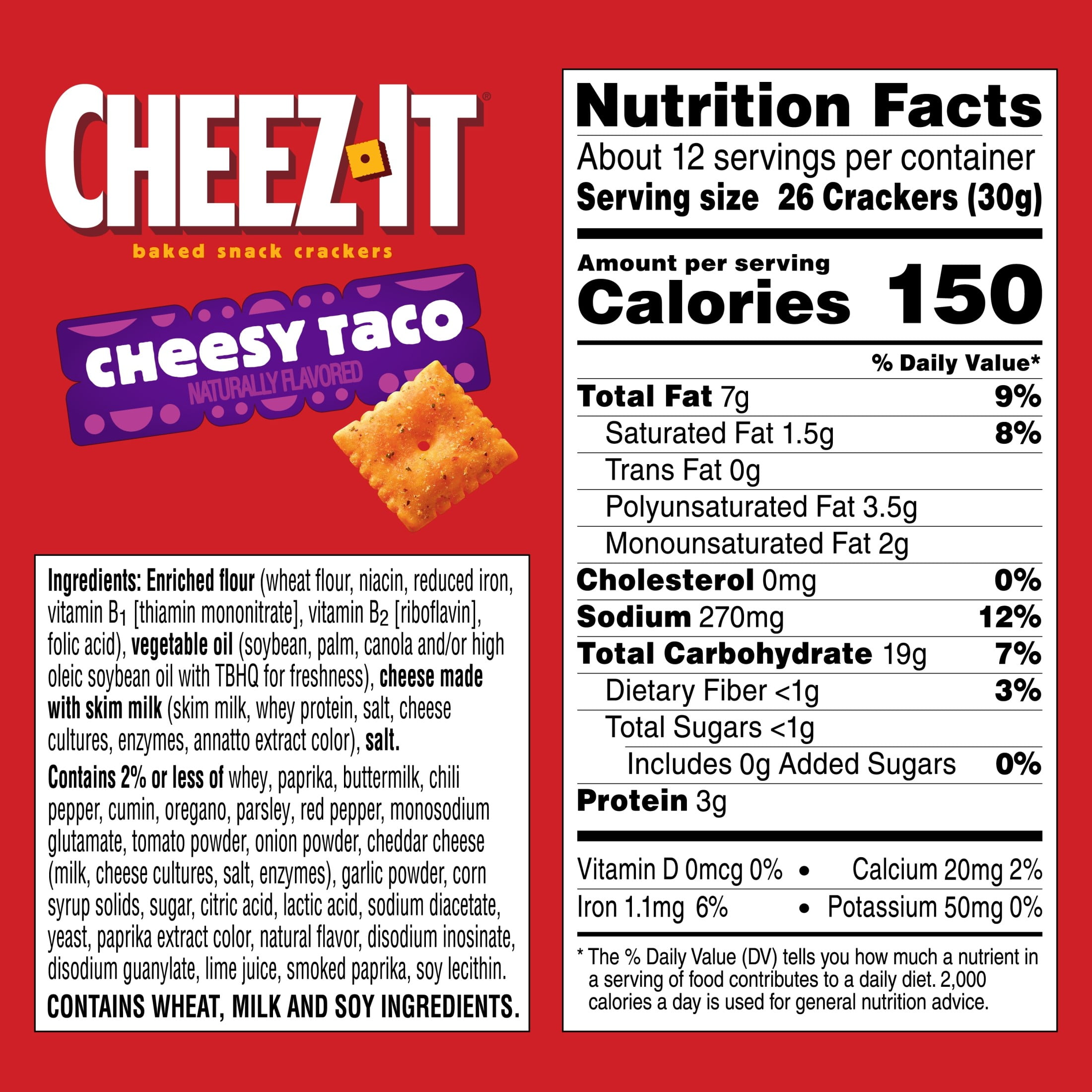 (12 pack) Cheez-It Cheesy Taco Baked Snack Crackers, Lunch Snacks, 12.4 oz