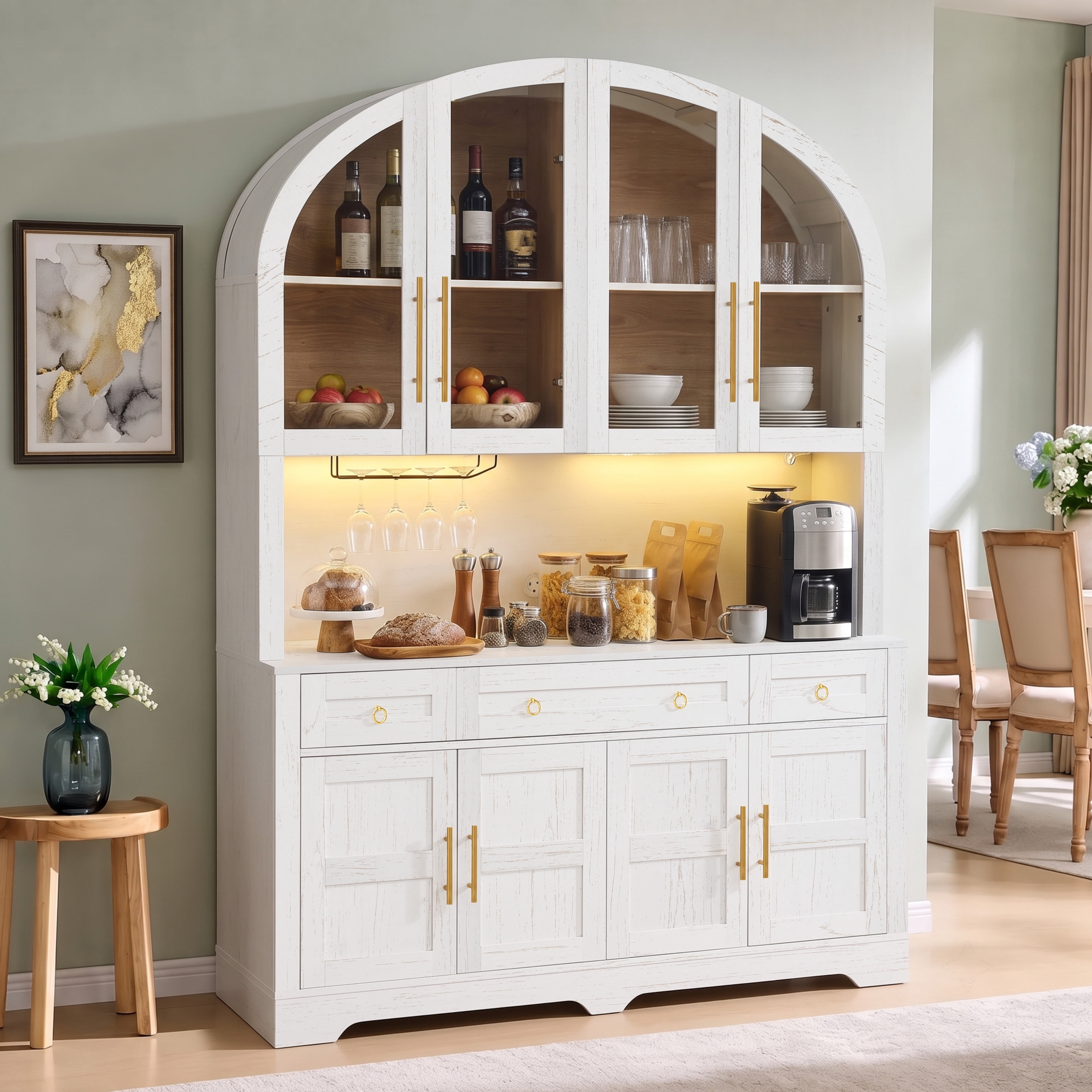 Mintazer 75.8" Farmhouse Kitchen Hutch with Arched Glass Doors, LED Light & Charging Station, Freestanding Pantry Buffet Cabinet with Drawers & Wine Glass Holder for Dining Room Living Room, White