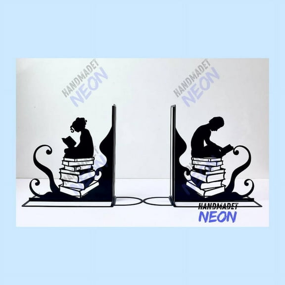 Handmadetneonsign Reading Book Metal Bookends, Bookworm Name Bookend, Bookshelf Home Decor 92057