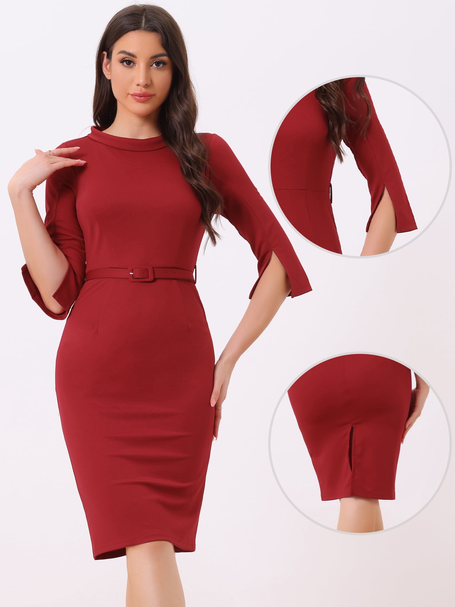 DARING DIVA Women's Office Sheath Mock Neck 3/4 Sleeves Pencil Dresses XS Red