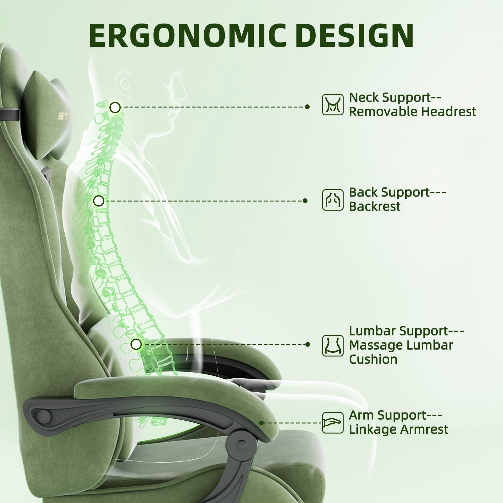 SOONTRANS Gaming Chair for Adult, Velvet Fabric High Back Gamer Game Chair with Footrest, Ergonomic Comfortable Computer Office Chair with Massage Lumbar Cushion, Reclining Leather Desk Chair, Green