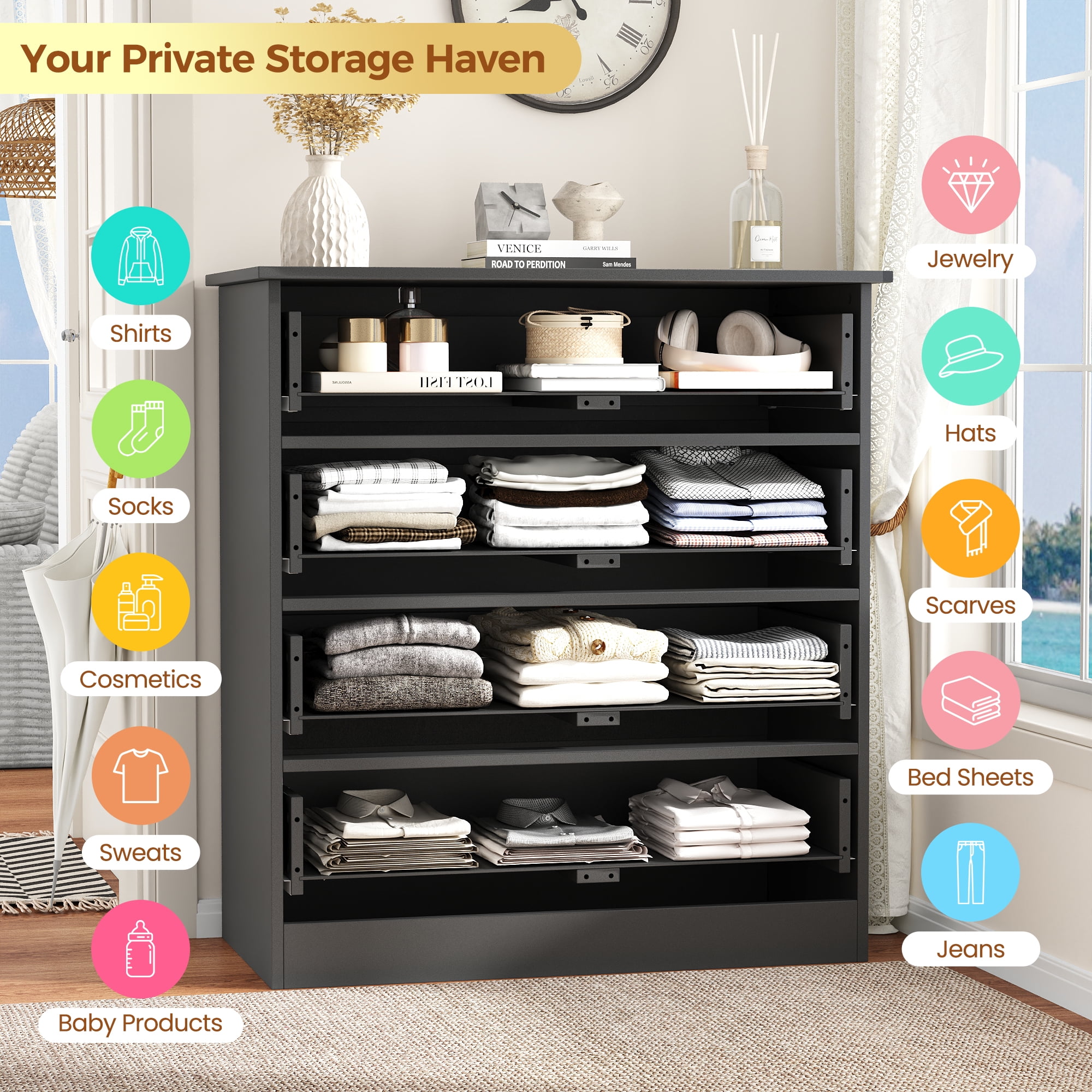 4-Drawer Dresser, 34.6” Tall Black Dresser for Bedroom Storage, Hallway Chest with Large Drawers, 29.5” Wide Space Saving Furniture