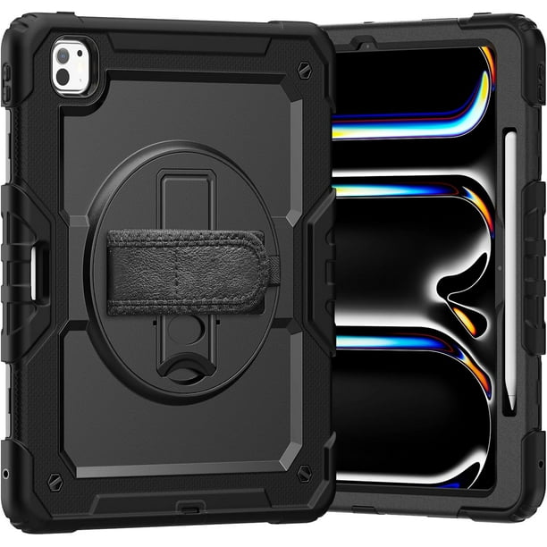 Funda para iPad Pro de 13 pulgadas 2024 M4 (7.ª generación), resistente a los golpes, funda protectora con protector de pantalla, soporte giratorio de 360°, correa para mano/hombro