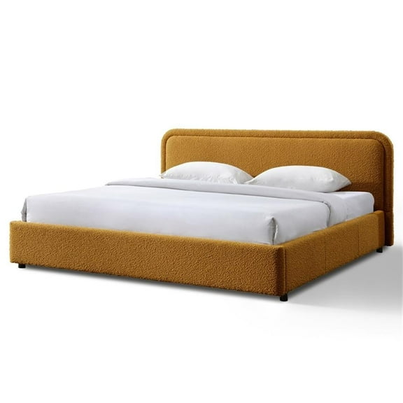 Pemberly Row Upholstered Platform King Bed in Mustard Boucle Fabric