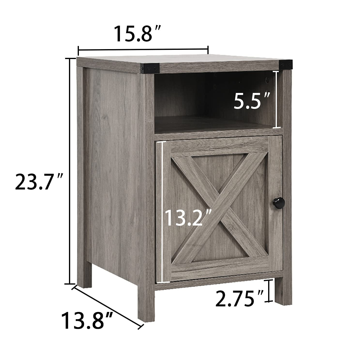 4 EVER WINNER Farmhouse Barn Door Side Table Set of 2, Rustic Gray End Table with Barn Door Storage, Bedside Table for Bedroom Living Room
