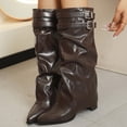 thumbnail image 5 of Viluyesy Womens Knee High Slouchy Boots Pointed Toe Buckle Wedge Heel Side Zip Faux Leather Comfortable Shoes Brown Size 9, 5 of 9