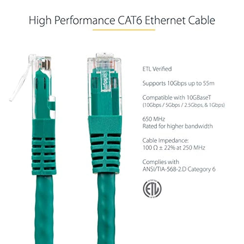 StarTech 20ft CAT6 Ethernet Cable - Green CAT 6 Gigabit Ethernet Wire -250Mhz 100W PoE RJ45 UTP Molded Network Patch Cord with Strain Relief (C6PATCH20GN)