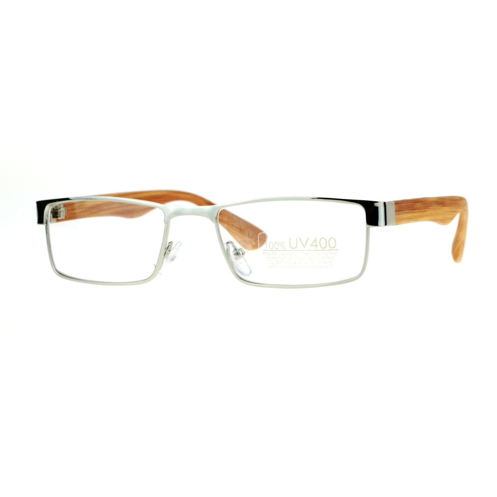 SA106 Mens Minimal Narrow Rim Wood Grain Arm Eyeglasses Silver Medium -
