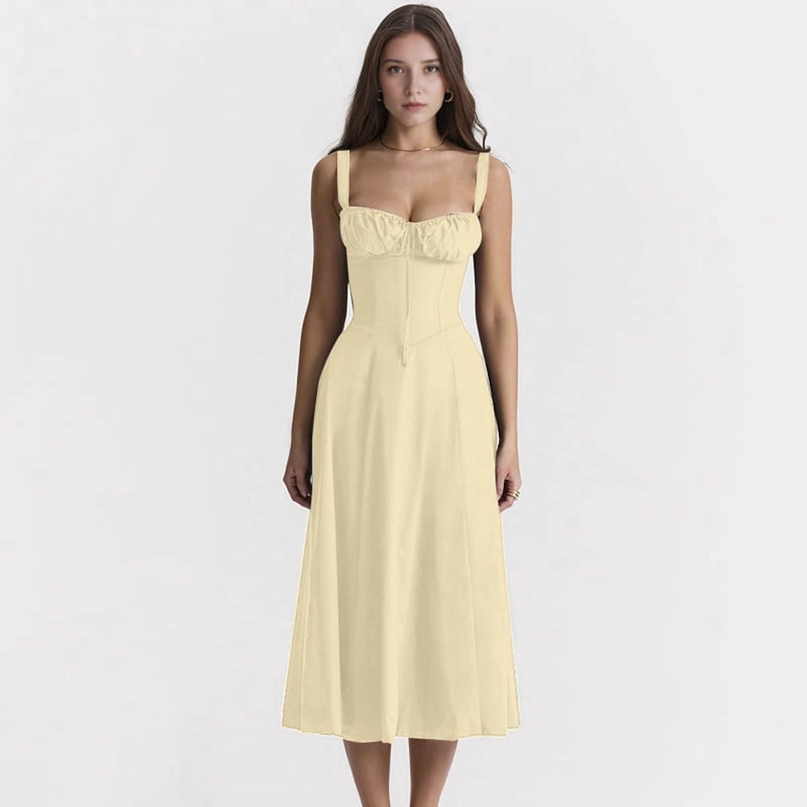Women'S Summer Midi Corset Boho Dresses Casual Spaghetti Straps Lace Up Dress Flowy Aline Beach Sundress Yellow S