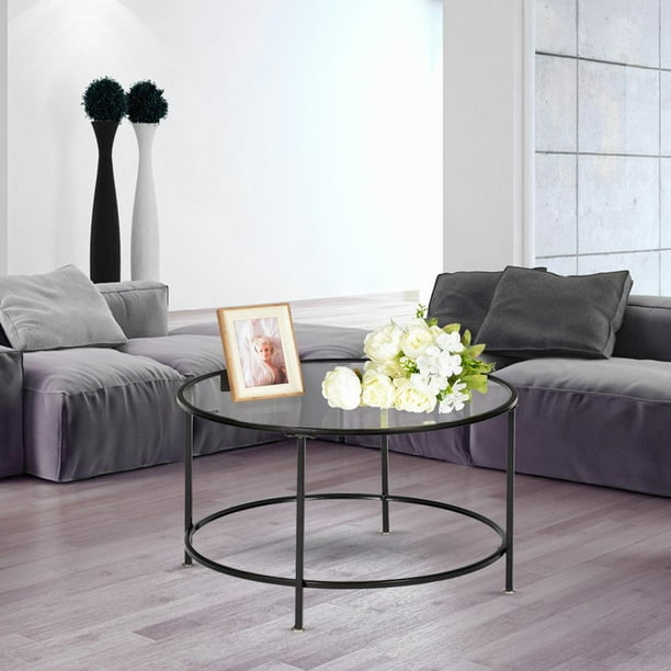 Winado 26" Round Glass Top Metal Base Coffee Table Black - Walmart.com