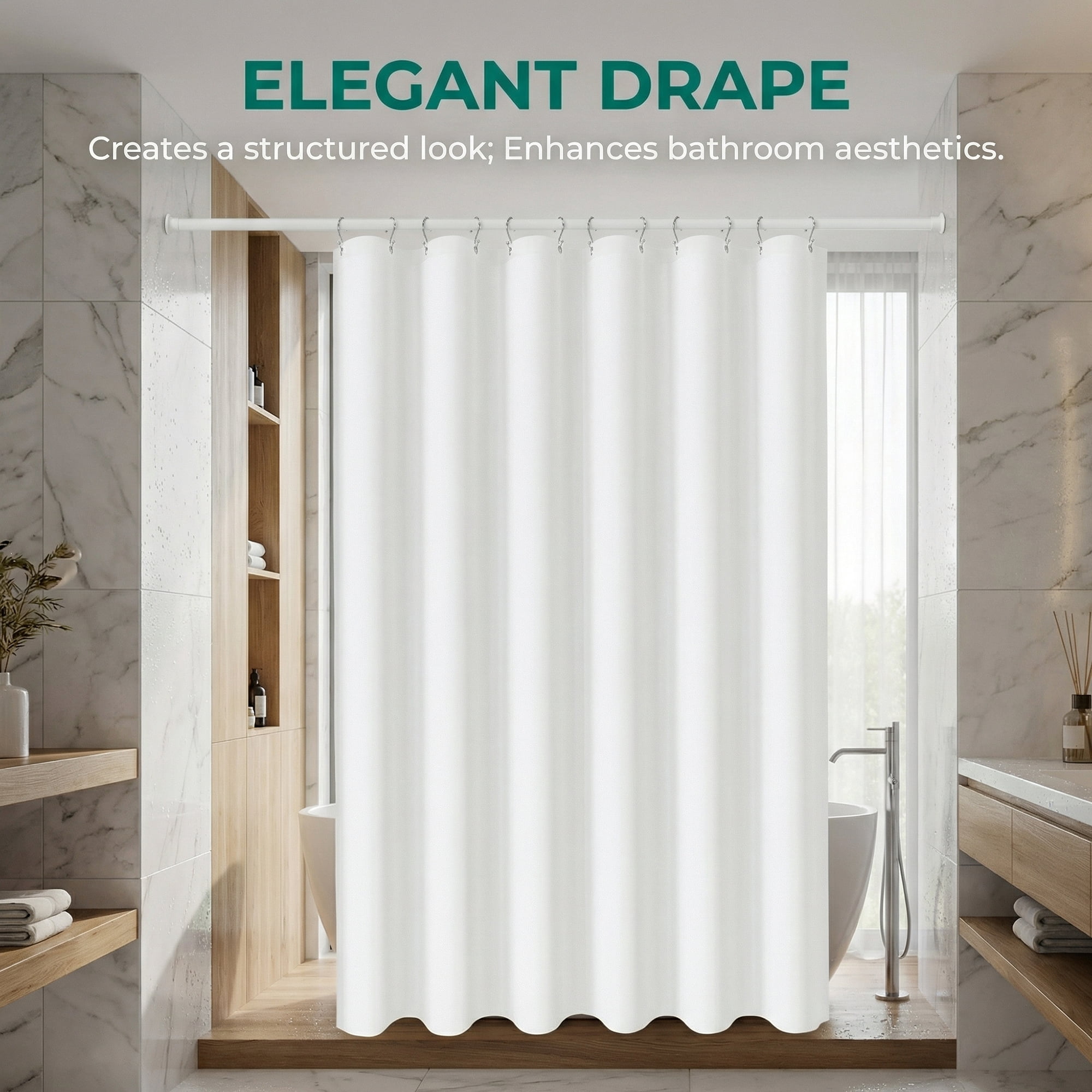 Unique Bargains Waterproof Shower Curtain Sets with 12 Plastic Hooks White 71"W x 71"L