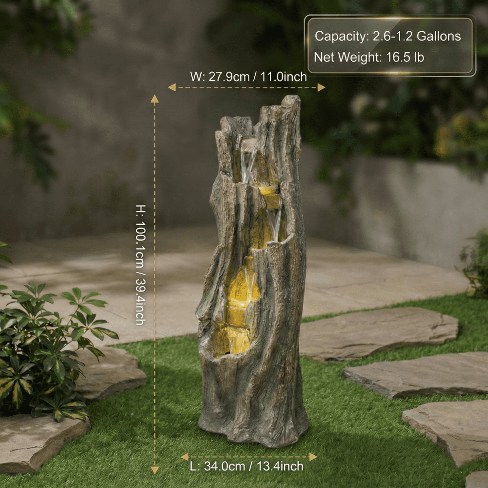 39.4" Tall Tree Trunk Cascading Outdoor Water Fountain with LED Lights, Water Feature Decor for Patio Yard Backyard Garden
