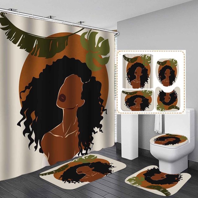 Juego de 4 cortinas de ducha para niña negra, diseño de mariposas con motivos florales, color azul, verde azulado y rosa, decoración de baño para mujer afroamericana, cortina de ducha de tela negra