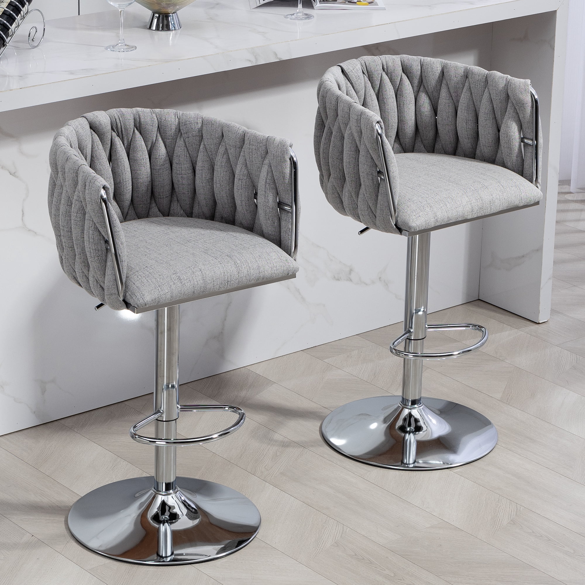Swivel Bar Stool Set of 2, Adjustable Counter Height Chair with Woven Back and Footrest for Kitchen Cafe, Gray