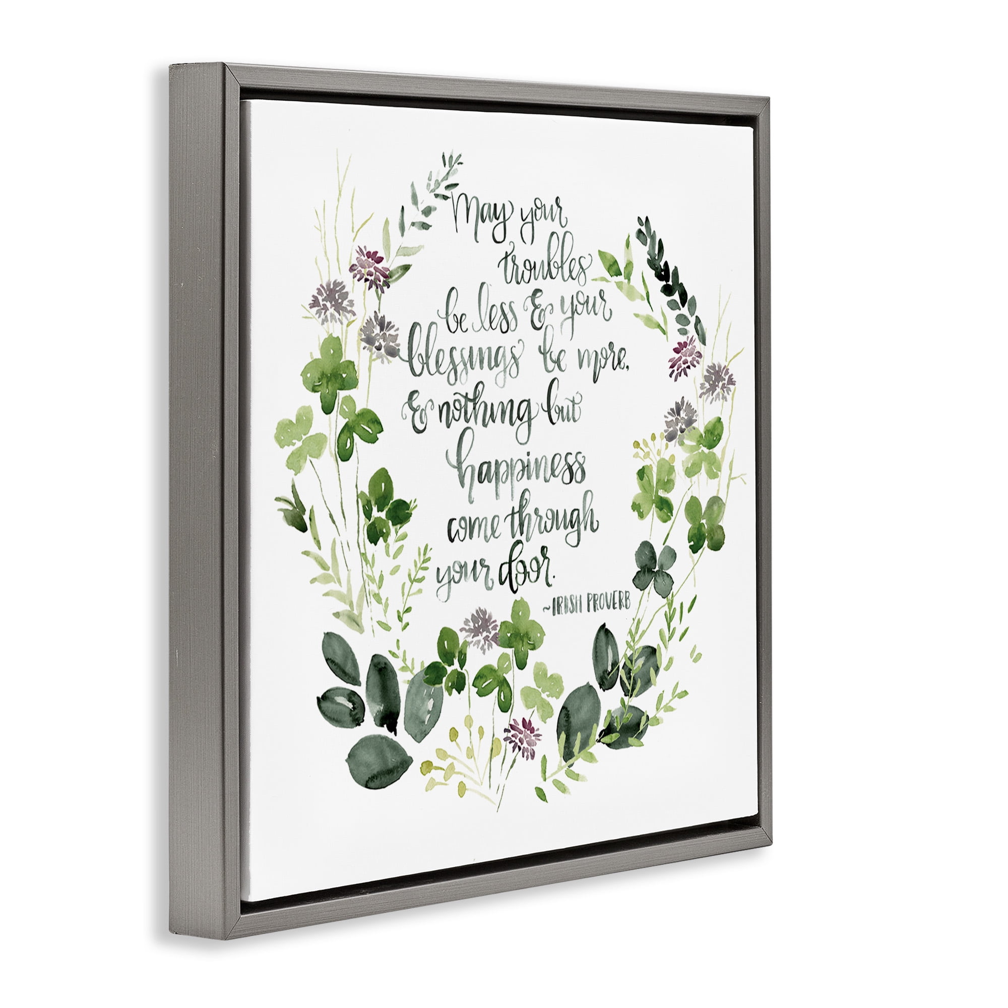 Stupell Industries Troubles Be Less Irish Proverbs Typography Painting Gray Floater Framed Canvas Art Print Wall Art, 25 x 25