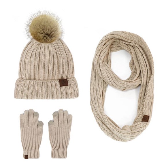 2022 New Winter Adult Women's Fur Ball Knitted Hat Scarf Gloves Three-piece Outdoor Warm Scarf Set Beige