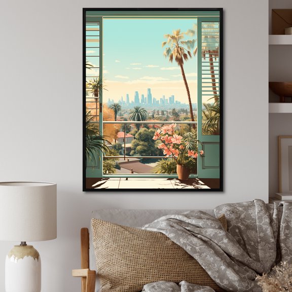 Designart "Vintage Windows View of Los Angeles II" Floral Framed Wall Art - Traditional Green Window Entryway Framed Wall Art