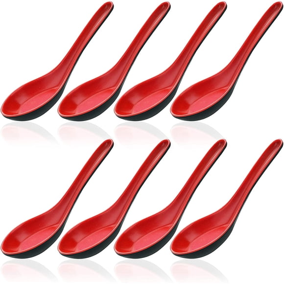 Paquete de 8 Cucharas de Arroz de Plástico, findTop Cuchara de Sopa Won Ton China, Cucharas de Sopa Estilo Llano Asiático- Rojo y Negro