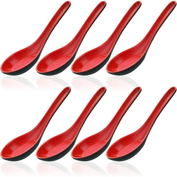 Paquete de 8 Cucharas de Arroz de Plástico, findTop Cuchara de Sopa Won Ton China, Cucharas de Sopa Estilo Llano Asiático- Rojo y Negro