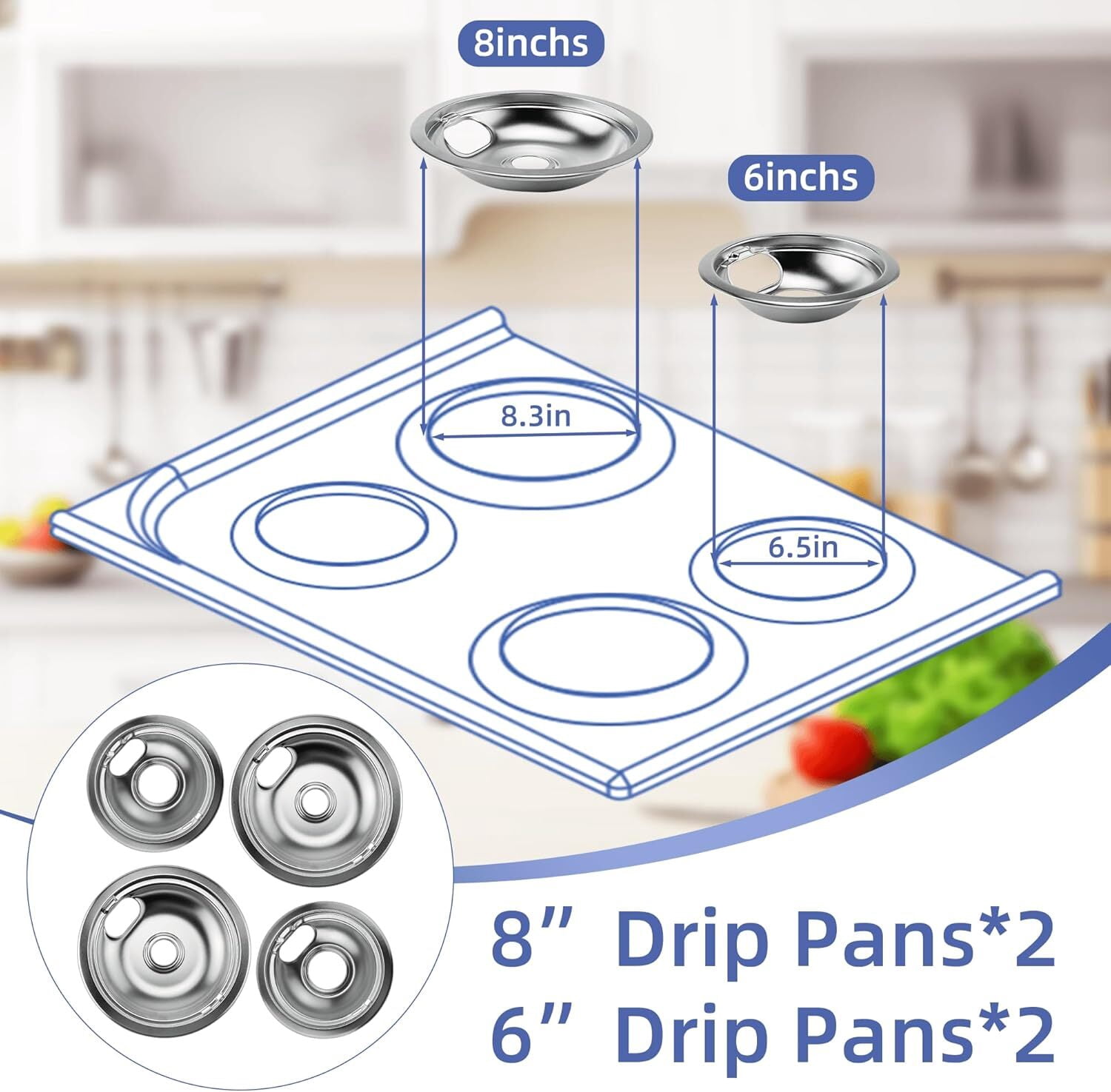 W10196406 and W10196405 Chrome Stove Burner Drip Pan Set for Whirlpool Kenmore Electric Range,Thickening to Prevent Bending and Rust,Includes 2*6-Inch and 2*8-Inch Drip Bowls