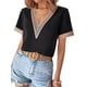 thumbnail image 3 of SAYOO Tops sueltos para mujer, manga corta, cuello en V, informal, fiesta, club, primavera, verano, patchwork SAYOO  Casual, 3 of 6
