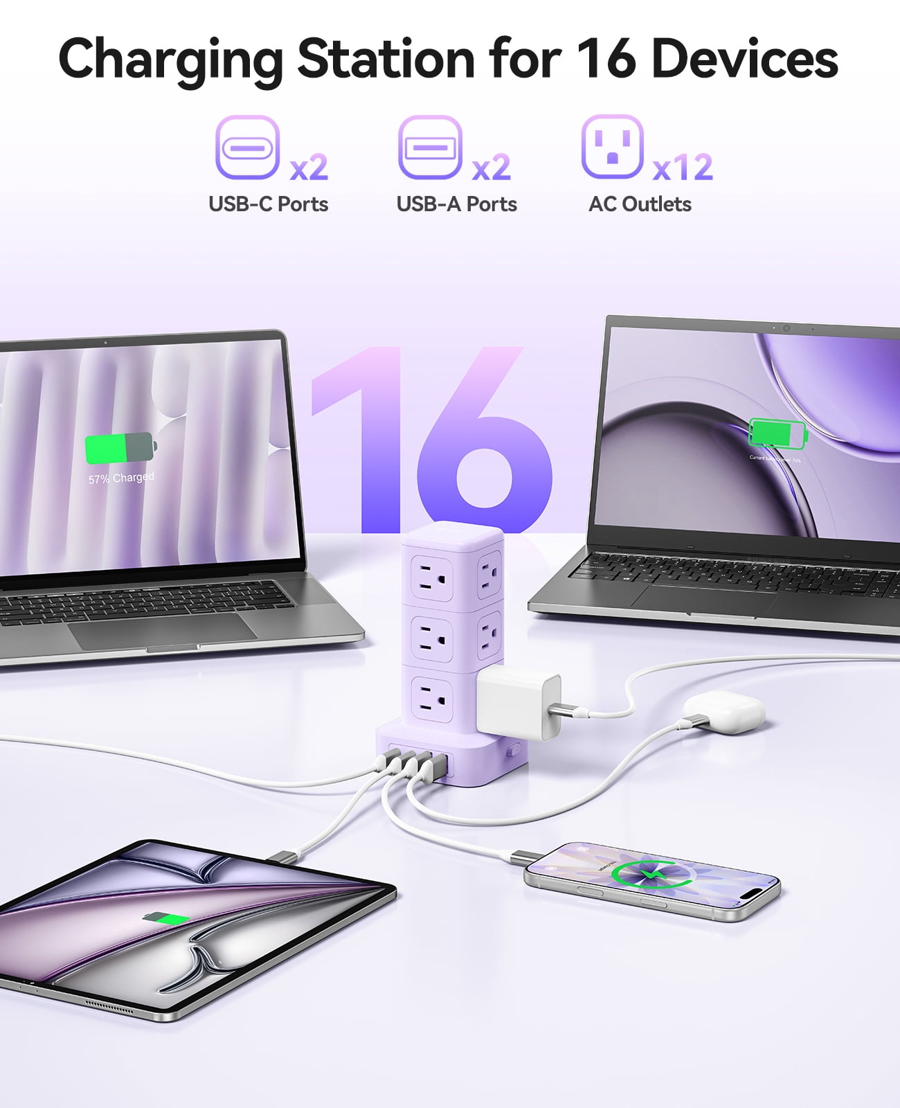 ORICO Power Strip Tower with Multiple Outlets, Tower Extension Cord with 12 AC Outlets 4 USB Ports (2 USB C), Space Saving Design, 5FT Cord Power Tower for Home, Office, Dorm - TPP20 (Purple)