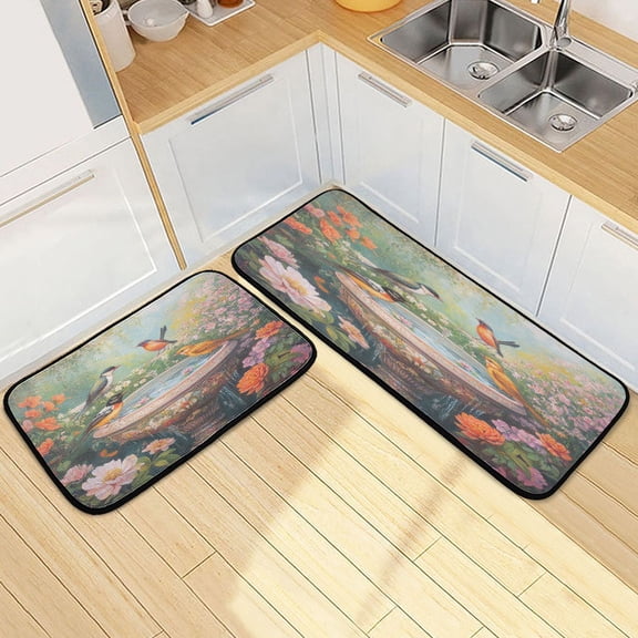 Kitchen Rugs and Mats【2 PCS】Non Skid Plainting Of Colorful Birds Creative Kitchen Mat