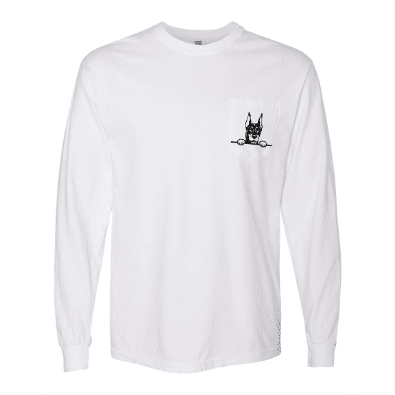 Squishy Faces - Pick Your Breed Pocket Print Doberman White Long Sleeve Shirt - Medium