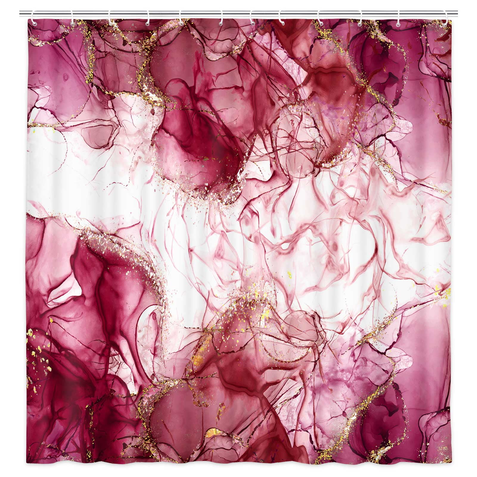 Burgundy Red Gold Marble Texture Shower Curtain Sets, Abstract Modern Fabric Shower Curtain for Bathroom, 3D Printing Durable Waterproof Washable Bath Curtain with Hooks, 36X72in